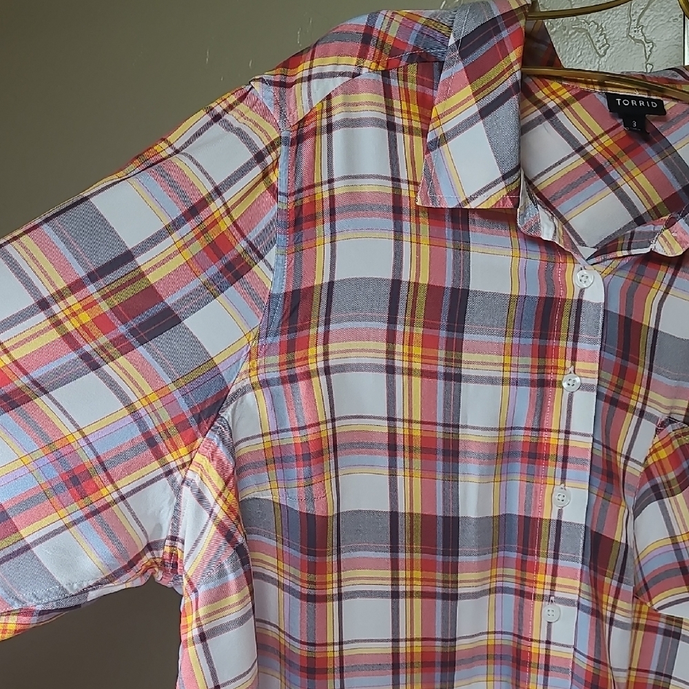 Torrid Multicolor Plaid Oversized Button Down Shi… - image 5